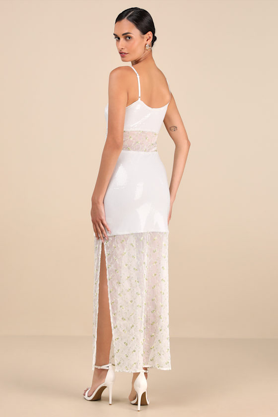 Lulus Malone White Sheer Sequin Embroidered Maxi Dress