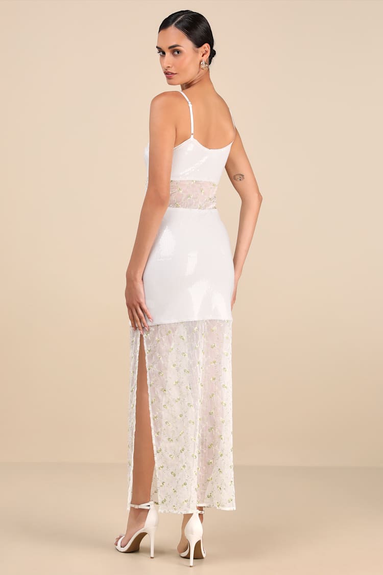 Malone White Sheer Sequin Embroidered Maxi Dress