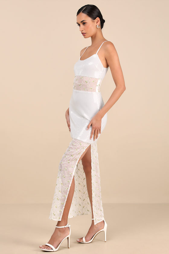 Malone White Sheer Sequin Embroidered Maxi Dress