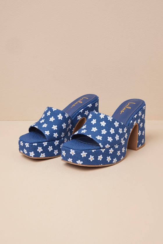 Lulus Drexel Blue Floral Platform Slide Sandals
