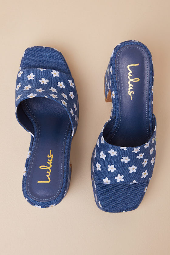 Lulus Drexel Blue Floral Platform Slide Sandals