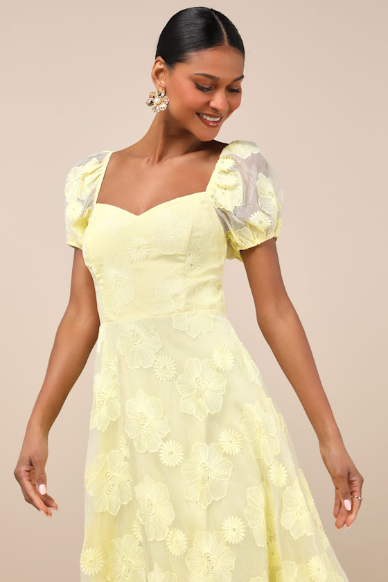 Yellow Midi Dress - Embroidered Midi Dress - Puff Sleeve Dress - Lulus
