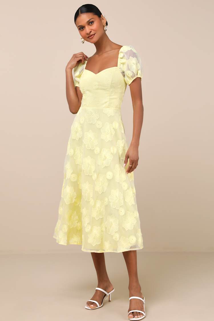 Sweetest Behavior Yellow Embroidered Puff Sleeve Midi Dress