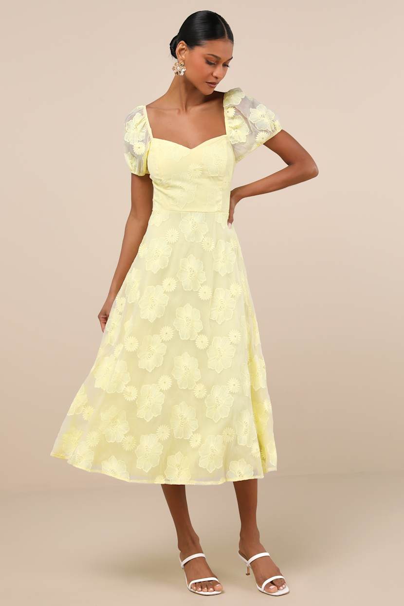 Sweetest Behavior Yellow Embroidered Puff Sleeve Midi Dress