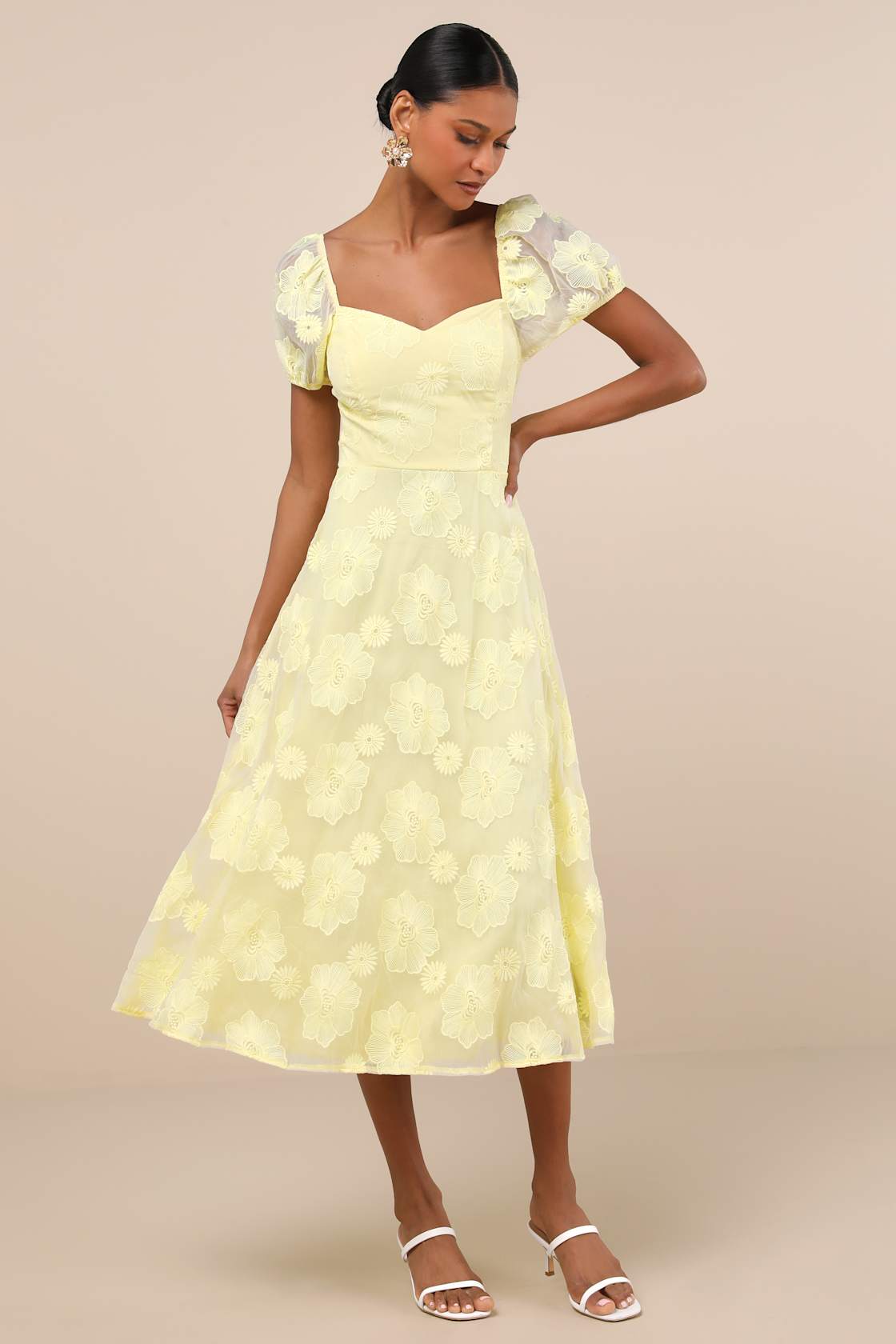 Sweetest Behavior Yellow Embroidered Puff Sleeve Midi Dress