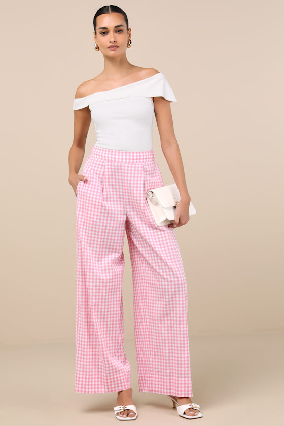 LULUS DELPHINE PINK AND WHITE GINGHAM WIDE-LEG PANTS