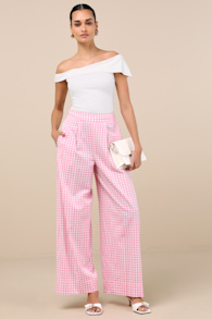 Delphine Pink and White Gingham Wide-Leg Pants 2