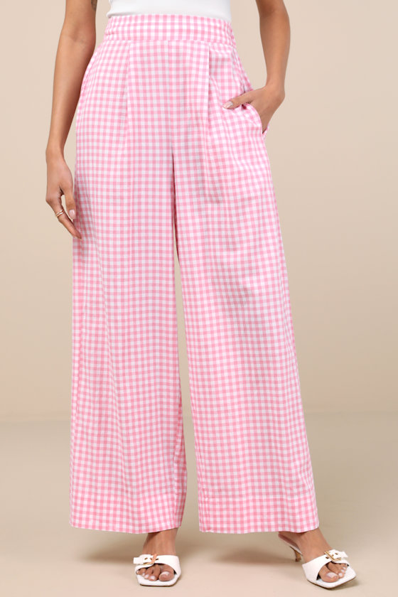 LULUS DELPHINE PINK AND WHITE GINGHAM WIDE-LEG PANTS