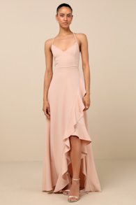 Caryl Light Blush Ruffled Tulip High-Low Maxi Dress