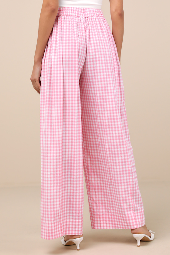 LULUS DELPHINE PINK AND WHITE GINGHAM WIDE-LEG PANTS