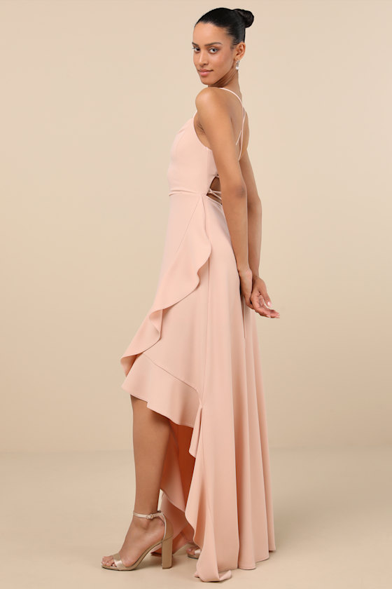 Lulus Caryl Light Blush Ruffled Tulip High-low Maxi Dress In Pink