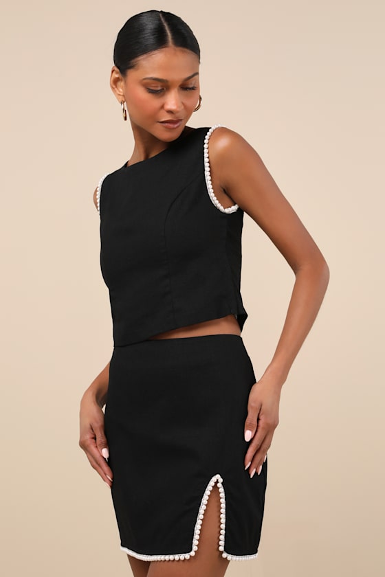 Lulus Larina Black Pearl Trim Mini Skirt In Black