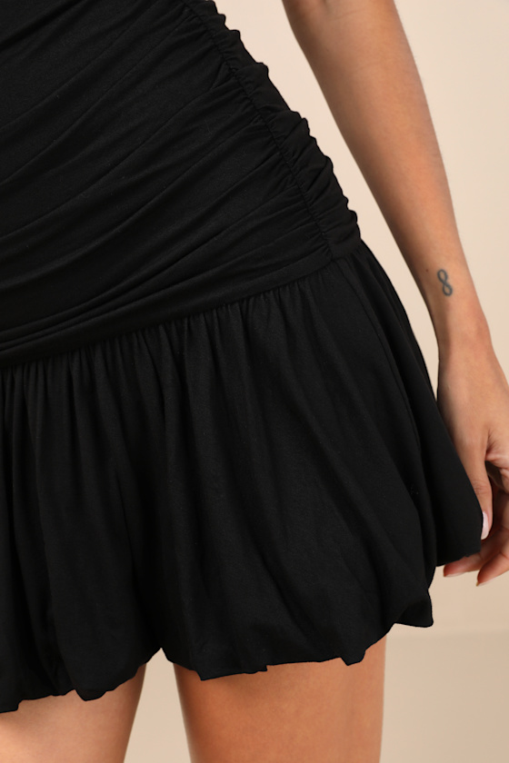 Lulus Calix Black Strapless Ruched Bubble-hem Mini Dress