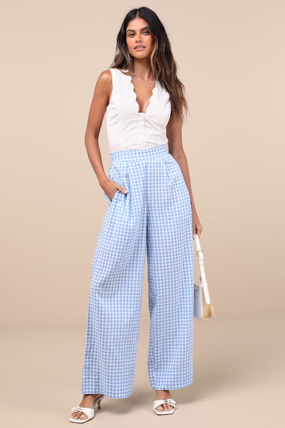 LULUS DELPHINE BLUE AND WHITE GINGHAM WIDE-LEG PANTS