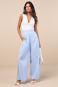 Delphine Blue and White Gingham Wide-Leg Pants 1