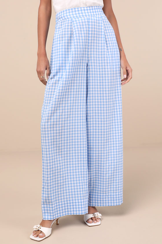 LULUS DELPHINE BLUE AND WHITE GINGHAM WIDE-LEG PANTS