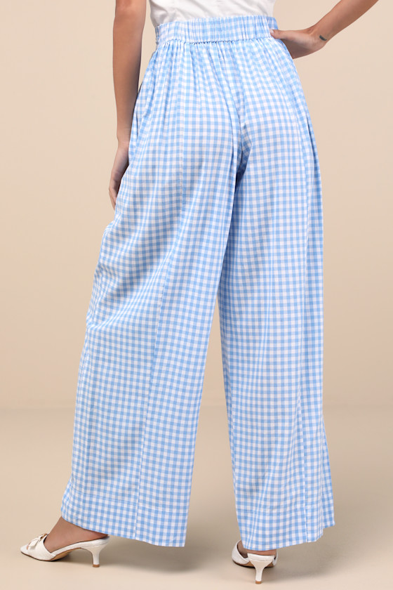 LULUS DELPHINE BLUE AND WHITE GINGHAM WIDE-LEG PANTS