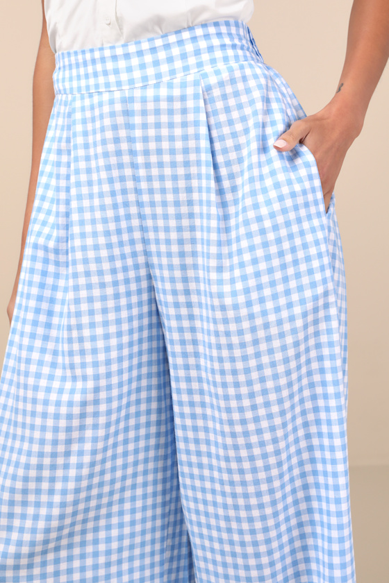 LULUS DELPHINE BLUE AND WHITE GINGHAM WIDE-LEG PANTS