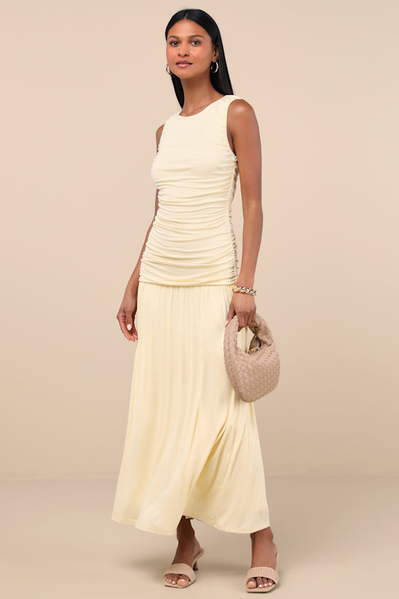 Lulus Tamber Light Yellow Jersey Knit Drop Waist Midi Dress In Light Yellow