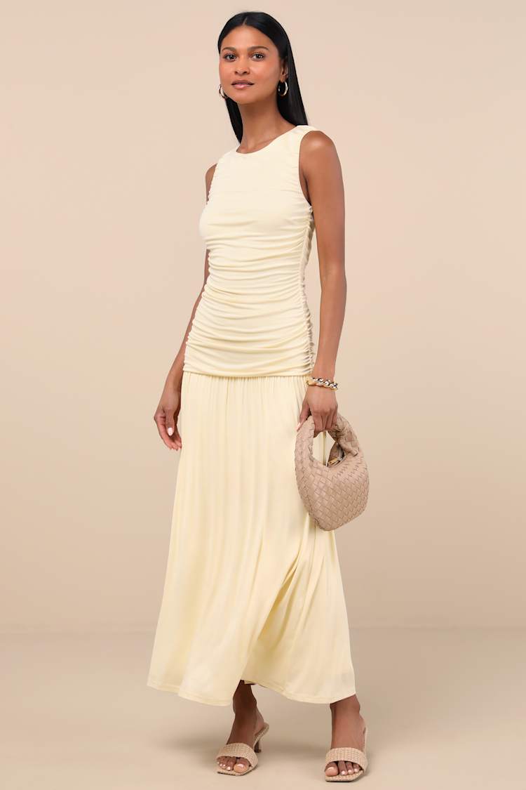 Tamber Light Yellow Jersey Knit Drop Waist Midi Dress