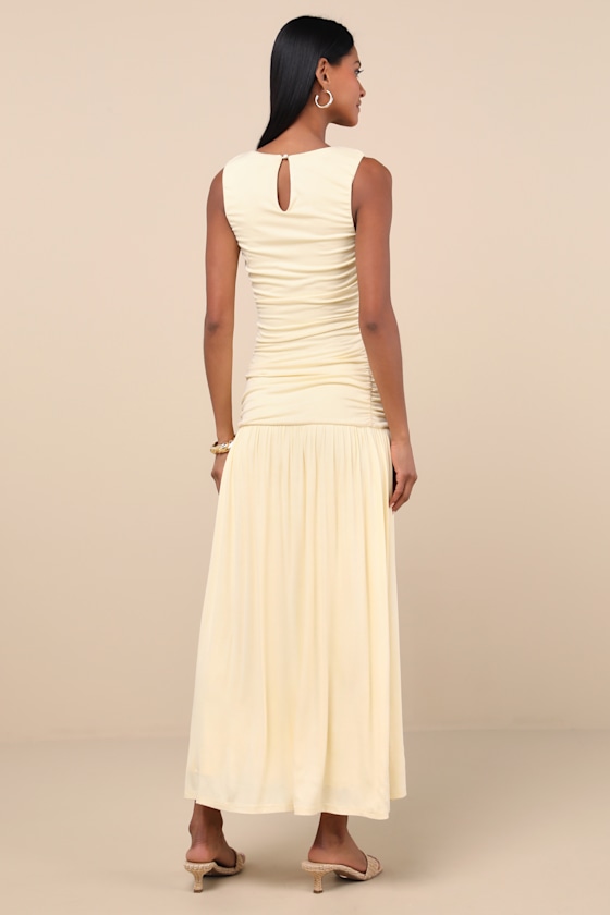 Lulus Tamber Light Yellow Jersey Knit Drop Waist Midi Dress In Light Yellow