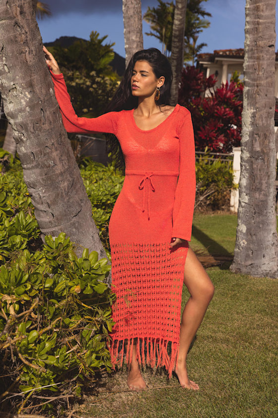 Red Swim Cover-Up - Cover-Up Maxi Dress - Long Sleeve Cover-Up - Lulus