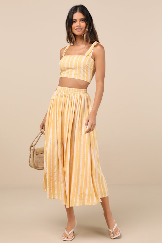 Lulus Cheerful Season Yellow Striped Two-piece Midi Dress With Pockets In Yellow
