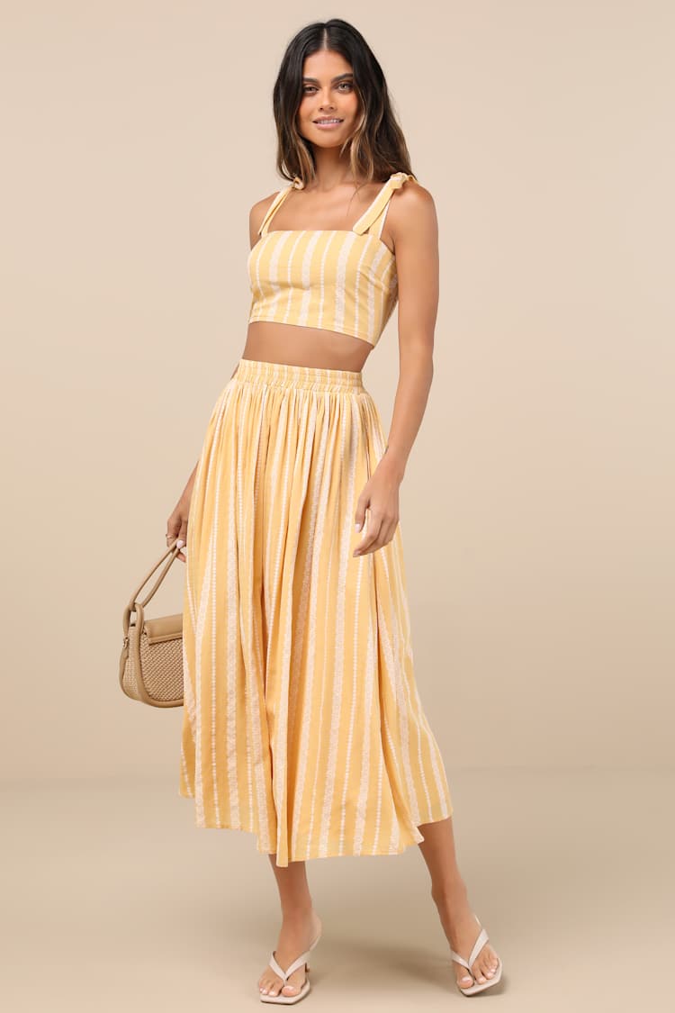 Cheerful Season Yellow Striped Two-Piece Midi Dress With Pockets