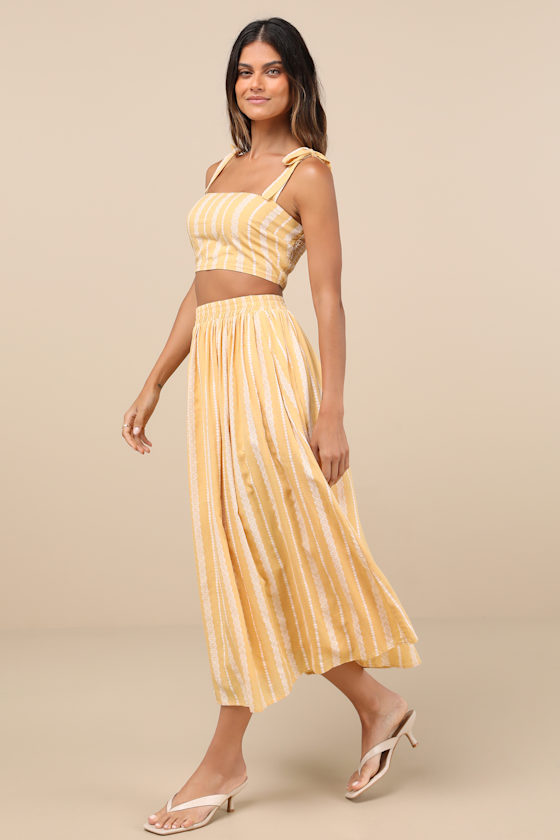 Lulus Cheerful Season Yellow Striped Two-piece Midi Dress With Pockets In Yellow