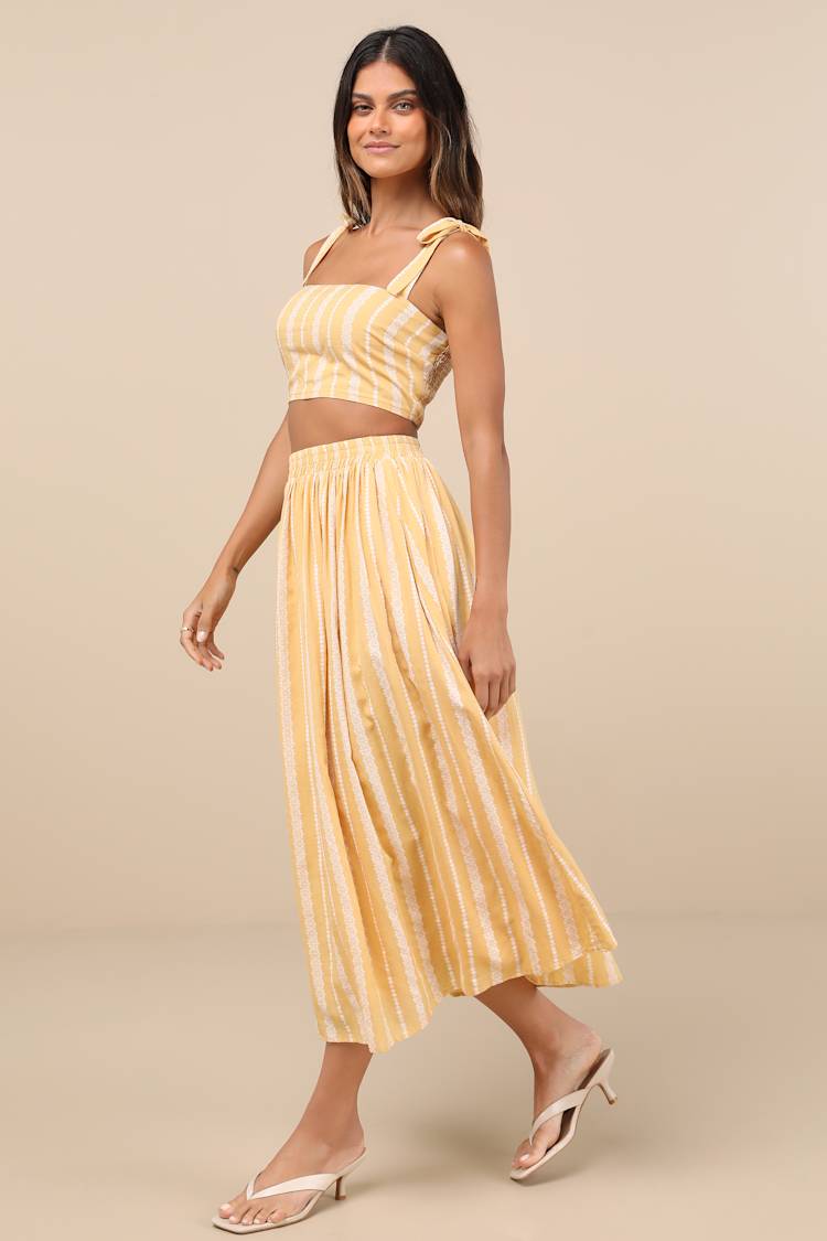 Cheerful Season Yellow Striped Two-Piece Midi Dress With Pockets