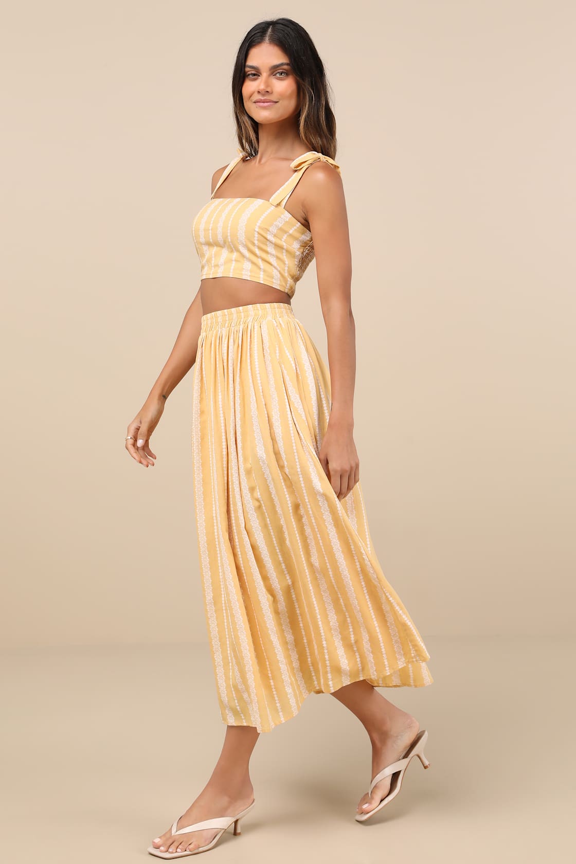 Cheerful Season Yellow Striped Two-Piece Midi Dress With Pockets