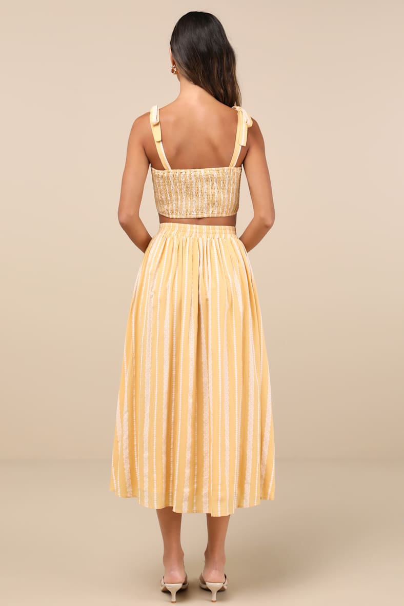 Cheerful Season Yellow Striped Two-Piece Midi Dress With Pockets