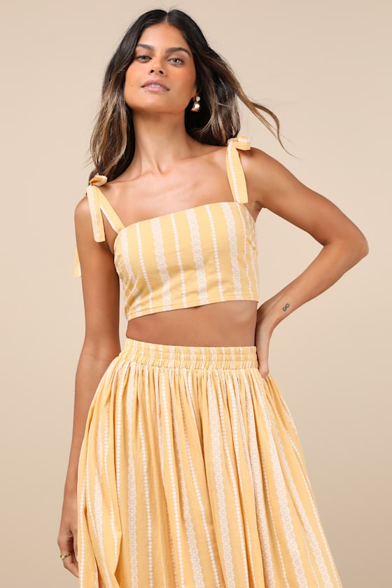 Lulus Cheerful Season Yellow Striped Two-piece Midi Dress With Pockets In Yellow