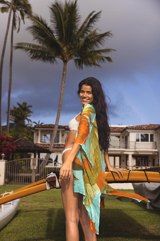 Kapua Aqua Blue Leaf Print Cover-Up Shawl - thumbnail 3
