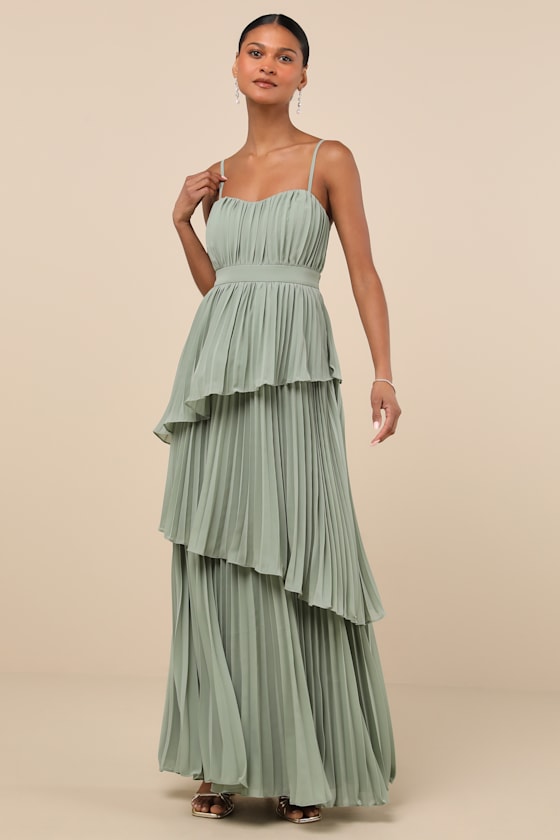 Image of Jehona Sage Brush Pleated Tiered Maxi Dress