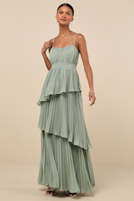 Jehona Sage Brush Pleated Tiered Maxi Dress