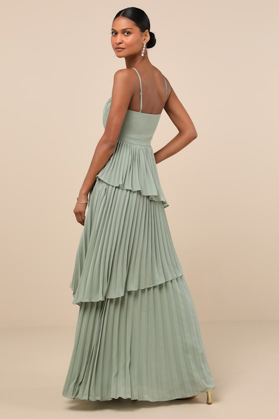 Lulus Jehona Sage Brush Pleated Tiered Maxi Dress In Green