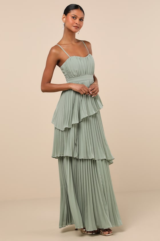 Lulus Jehona Sage Brush Pleated Tiered Maxi Dress In Green