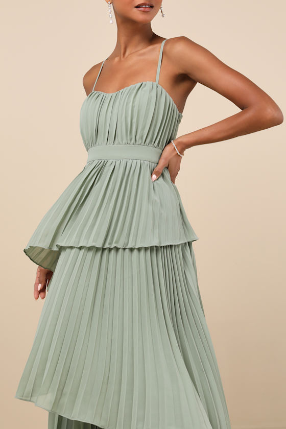 Lulus Jehona Sage Brush Pleated Tiered Maxi Dress In Green
