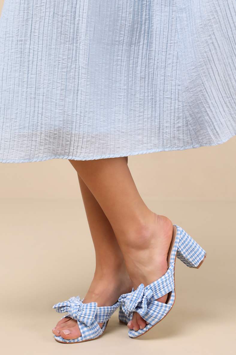 Dorothea Gingham Blue Knotted High Heel Sandals