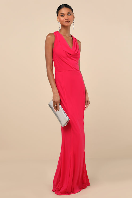 Image of Stunning Mystery Fuchsia Mesh Cowl Back Mermaid Maxi Dress