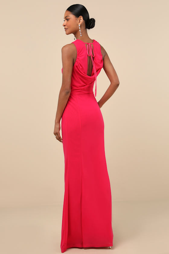 Lulus Stunning Mystery Fuchsia Mesh Cowl Back Mermaid Maxi Dress In Fuchsia