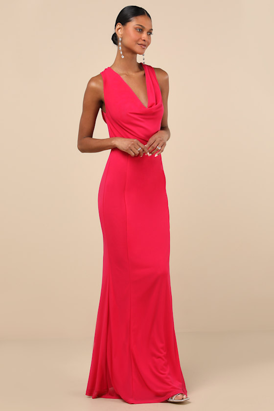 Lulus Stunning Mystery Fuchsia Mesh Cowl Back Mermaid Maxi Dress In Fuchsia
