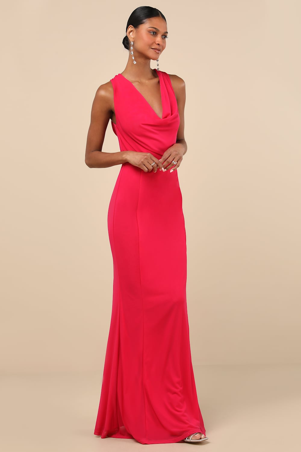 Stunning Mystery Fuchsia Mesh Cowl Back Mermaid Maxi Dress