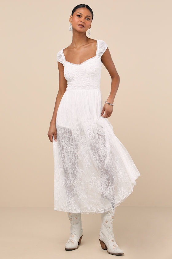 Lulus Enisa White Sheer Lace Cap Sleeve Midi Dress In White