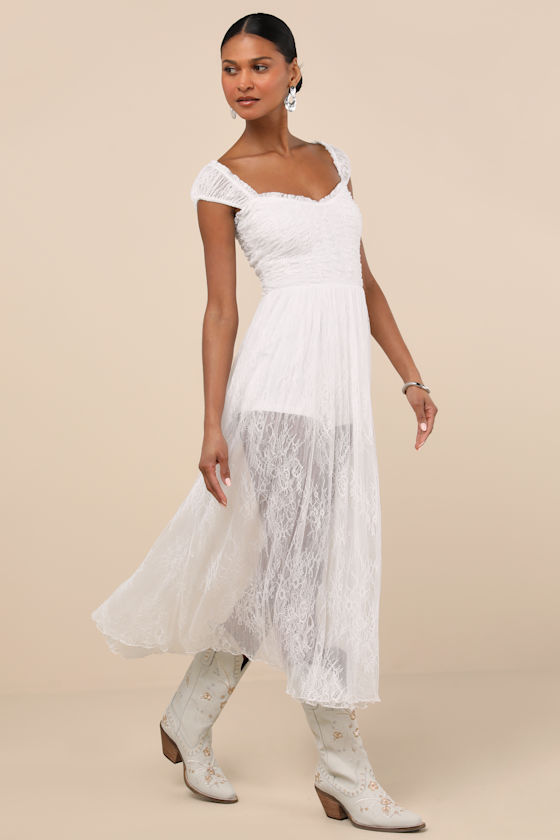 Lulus Enisa White Sheer Lace Cap Sleeve Midi Dress In White