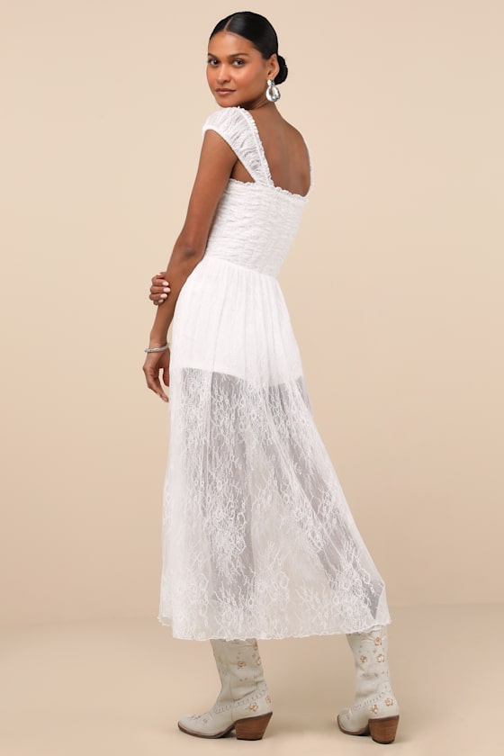 Lulus Enisa White Sheer Lace Cap Sleeve Midi Dress In White