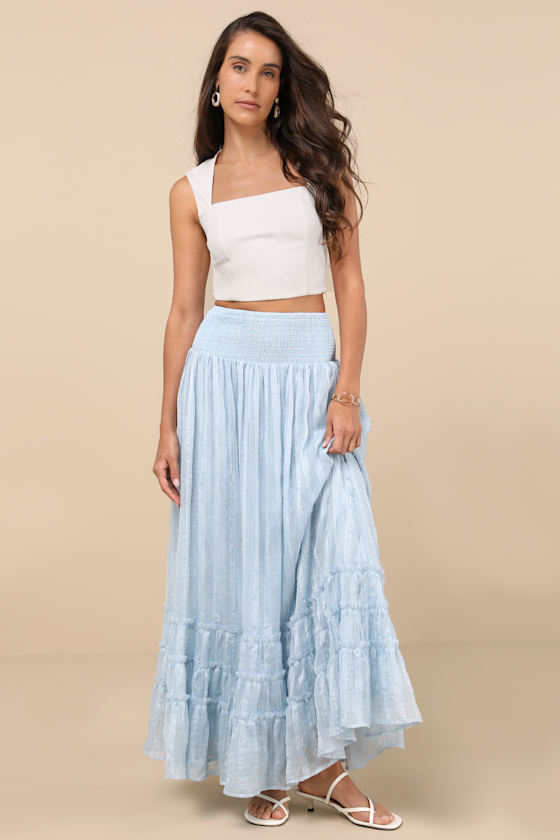 Sunny Baby Light Blue Smocked Tiered High-Waisted Midi Skirt 1