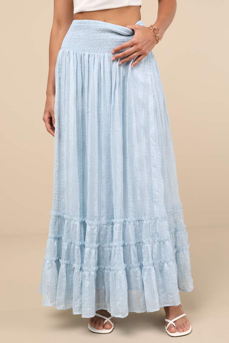 Sunny Baby Light Blue Smocked Tiered High-Waisted Midi Skirt