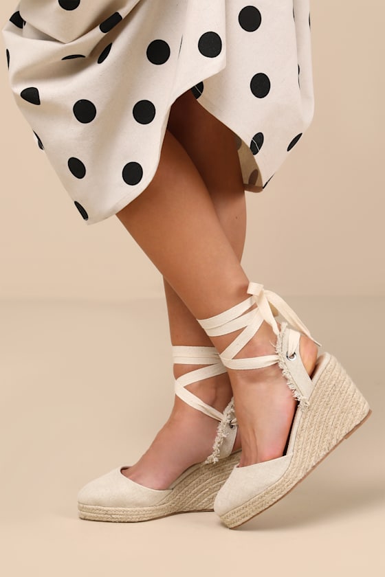 Shop Lulus Elsinore Linen Lace-up Espadrilles Wedges